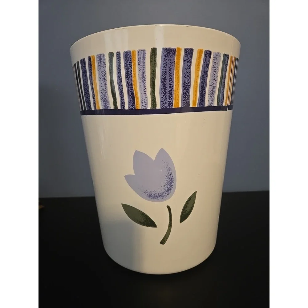 Vtg Wastebasket Cream Blue Yellow Tulip Floral Trash Can USA Hard‎ Plastic